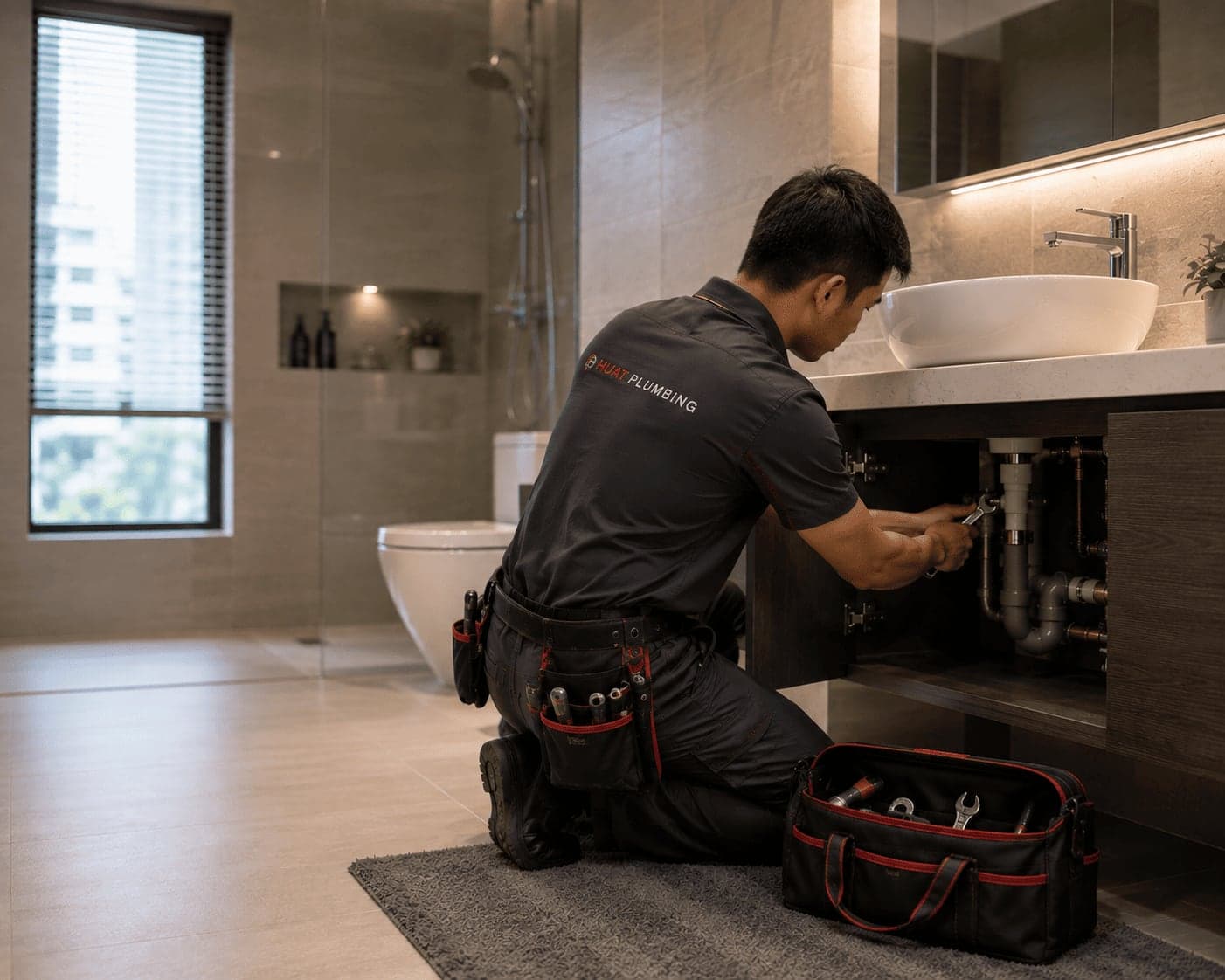 Huat Plumbing plumber at work in a Singapore home