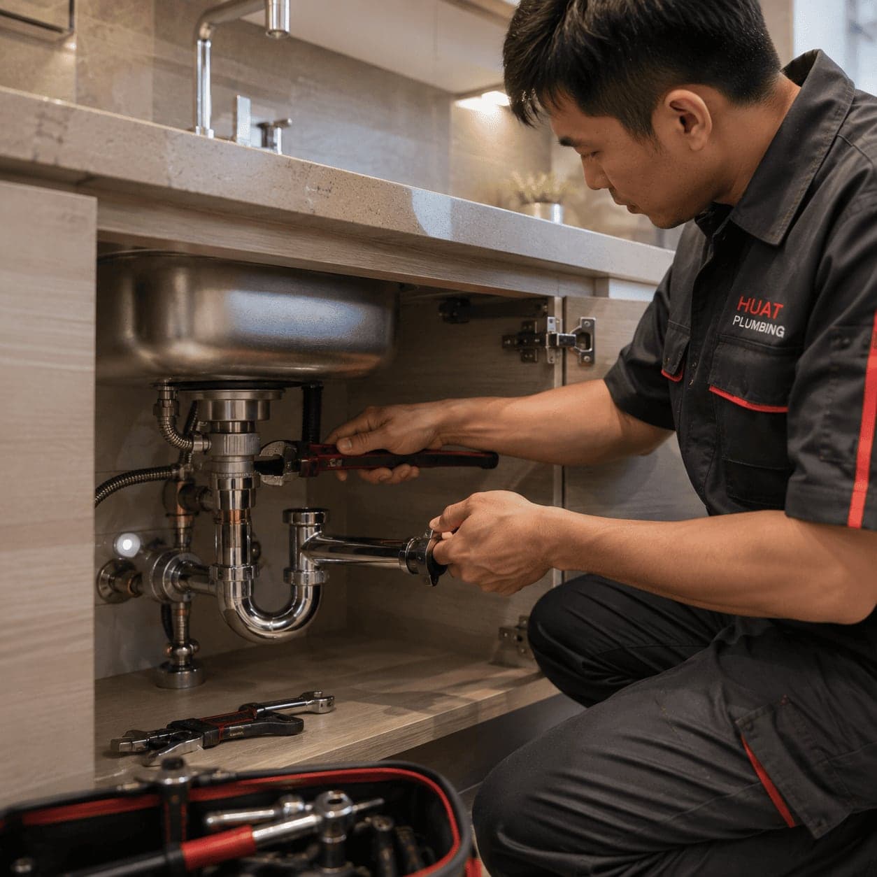 Drain choke clearing work in a Singapore kitchen