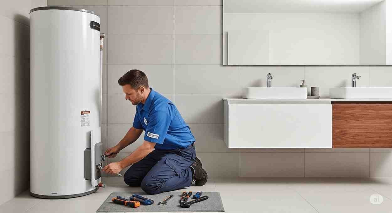 Plumber testing a water heater element in a Singapore bathroom